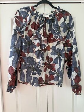 MELLODAY Navy, Burgundy & Cream Floral Ruffle Tie-Neck Blouse